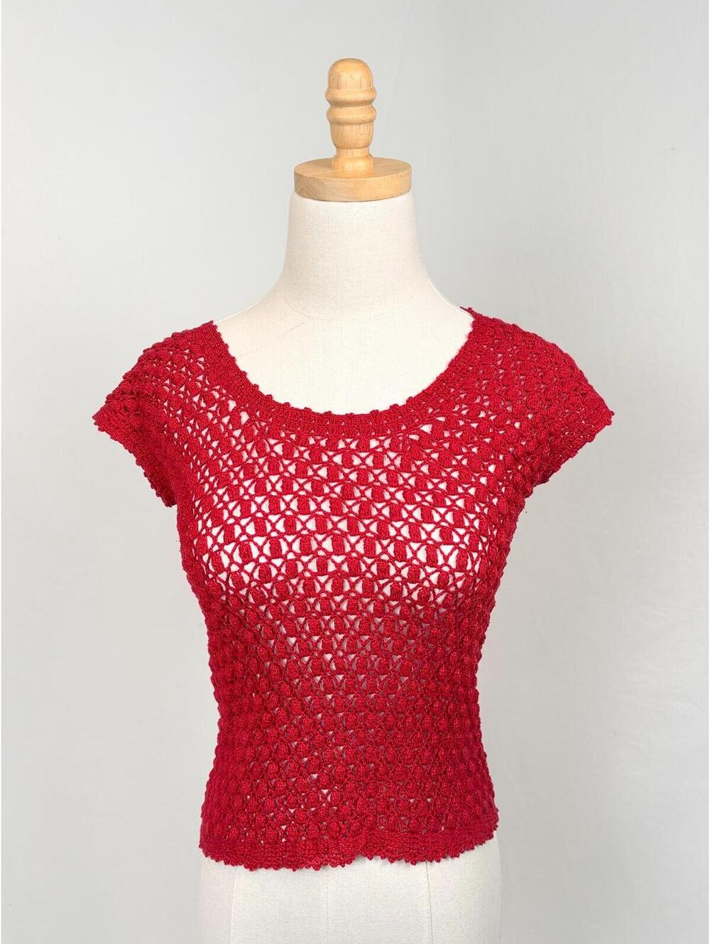 Vintage Handmade Cherry Red Cotton Open Knit Crochet Top XS Small